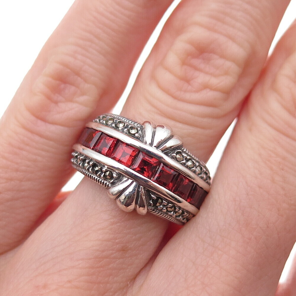 Judith Jack 925 Sterling Silver Vintage Real Marcasite & Red Garnet Ring Size 6
